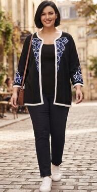 Bob Mackie Wearable Art Black Cardigan w Pink/Blue Embroidery & Beads Size 2X